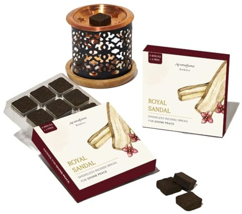 Royal Sandal Smokeless Bricks with Sandalwood & Snowflake Burner, Aromafume | 2 x 9 Bricks | Made with Sandal Flower & Sandalwood | Ideal for Prayer and Rituals | Natural, Smokeless, Non-Toxic