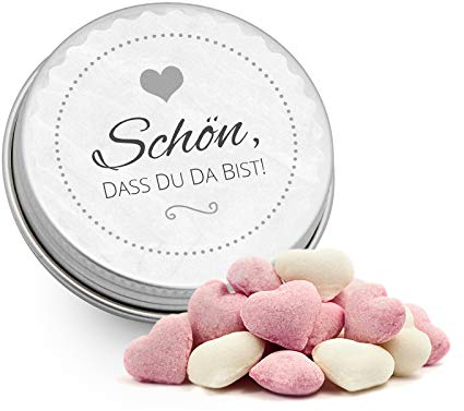 DeinBonbon 20x Gastgeschenk Mini Dose DIY Süßigkeiten und Stickerbogen | Hochzeit, Geburtstag, Taufe & Kommunion (Weiss, Himbeer Joghurt Herzen Bonbons)