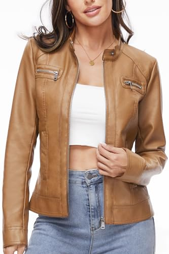 Fahsyee Giacche in pelle con zip per donna moto Faux PU moto Biker Outwear cappotto, Cammello, Small