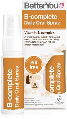 BetterYou B-Complete Oral Spray, Fast Acting B-Complex Supplement, High Strength Blend of All 8 B-Vitamins, Natural Peach, Plum & Raspberry Flavour, 1-Month Supply