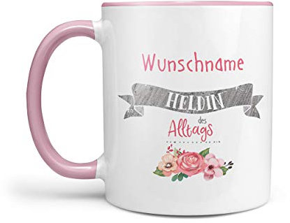 Sunnywall® Tasse Wunschname Heldin des Alltags Kaffeebecher rosa individuell Lieblingstasse Geburtstags-Tasse personalisiert Geschenk-Tasse inkl. Geschenkkarte