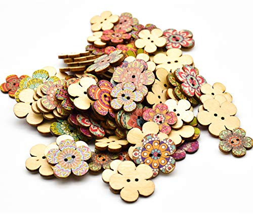 YMWALK Bottoni In Legno A Forma Di Fiore, 100 Pezzi Bottoni Modello Vintage Pulsante Artigianato Colorato Stampato Pulsanti Decorativi Per Cucire A Maglia Arti Artigianato DIY Decorazione