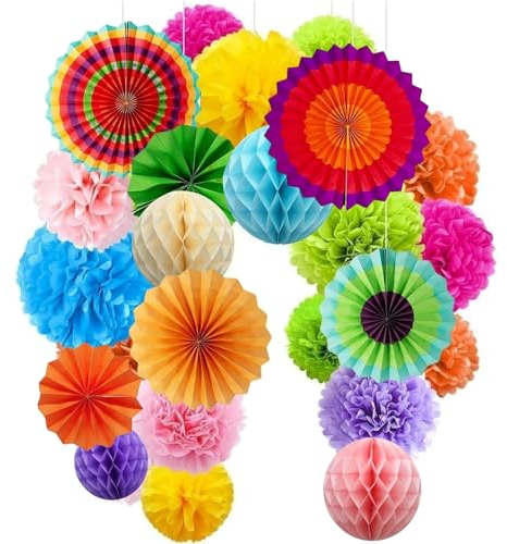 21 St체ck Bunt Deko Seidenpapier Pompons, Bunt Seidenpapier Pompons, Papier Fans F채cher und Wabenb채lle Dekorpapier Kit, Party Deko Geburtstag Papier Pompoms F채cher Wabenb채lle Girlanden