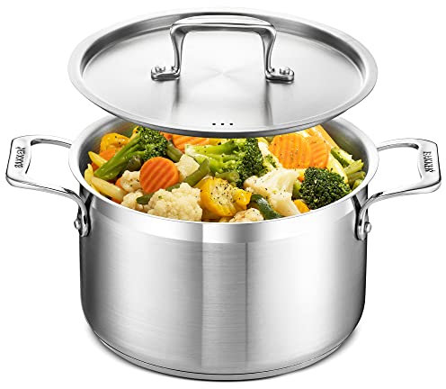 Stockpot – 5 Quart – Brushed Stainless Steel – Heavy Duty Induction Pot with Lid and Riveted Handles – for Soup, Seafood, Stock, Canning and for Catering for Large Groups and Events by BAKKEN