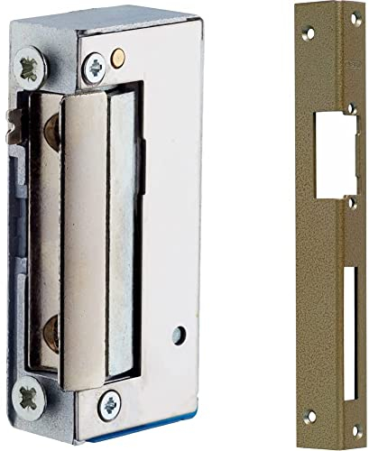 ABUS Elektrischer Türöffner ET75 - für linke und rechte Türen - 9-16 V Nennspannung - mit Hebel zur mechanischen Entriegelung & Tür-Winkelschließblech WST, für DIN-rechts Türen, hammerschlag-gold
