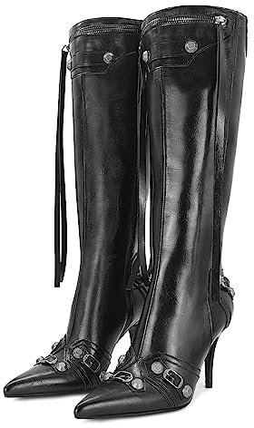 Dsevht Women's Stiletto Knee High Boots Sexy Pointed Toe Rivets Tassel Boot Fashion Studded High Heel Boots Zipper, Black, 5.5 UK