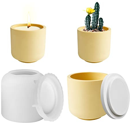 Hekasvm Moule à Bougie en Béton, Moules en Silicone avec Couvercle Porte-Bougie Cylindrique, Coupe à Bougie, pour Pot De Ciment, Porte-Bougie en Plâtre (Ronde)