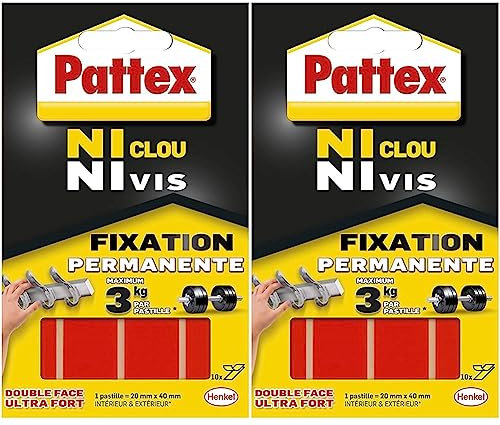 Pattex Ni Clou Ni Vis Pastilles Fixation Permanente, Pastilles double faces ultra fortes pour intérieur & extérieur, pastilles autocollantes ultra résistantes, 10 pastilles (Lot de 2)