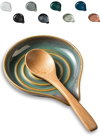 LAUCHUH Spoon Rest for Kitchen Counter,5 Spoon Holder for Kitchen Counter Stove Top Ceramic Spatula Holder for Ladle, Spatula, Spoons or Tongs, Thanksgiving Gifts, Unique Green