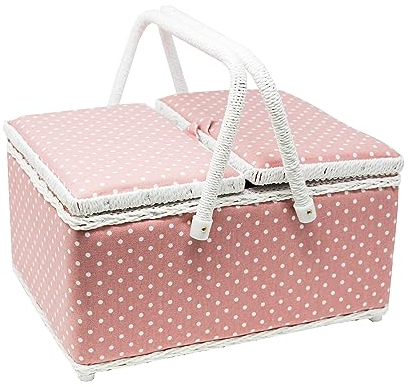 Korbond Nähkorb mit zwei Deckeln, gepunktet, 17 x 24 x 31 cm, Rosa