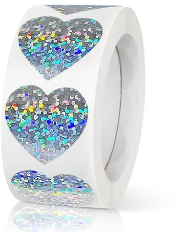 Holografischer silberner herzförmiger Aufkleber, 2,5 cm, glitzernde süße Liebesetiketten für Valentinstag, Einladung, Umschläge, Basteln, Scrapbooking, 500 Etiketten pro Rolle