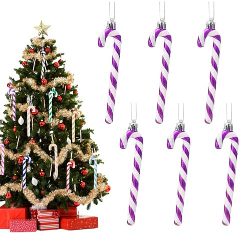 13cm Purple White Christmas Candy Cane Decoration - 6pcs Glitter Xmas Tree Pendant Hanging Ornaments - Plastic Holiday New Year Party Decor