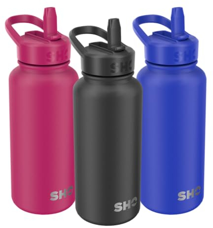 SHO Stainless Steel Guzzler Water Bottle with Straw Lid - Leakproof, Dishwasher Safe, BPA Free, No Sweat, Vacuum Insulated Double Walled Metal Flask, 950ml & 1900ml - 24 Hours Cold (Onyx, 950ml)
