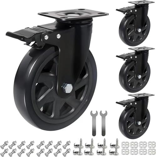 RRIUTO Heavy Duty 150MM Caster Wheels with Brake, 4 Furniture Caster Load Capacity 900kg,Double Bearing Swivel Castors Wheels for Furniture, Rubber Swivel Trolley Castor 360° Rotation