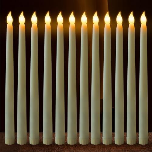 FAEFTY Led Stabkerzen Flackernde Flamme, 12 Stück Elektrische Kerzen, Flammenlose Kerzen Tafelkerzen, Batteriebetriebene LED Kerzen Lang für Weihnachten, Partys, Hochzeit (Elfenbein)
