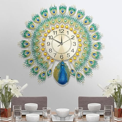 YyanLAK Wanduhr Pfau, 60 * 60 cm Wandhängende Metall Uhr, 3D Luxus Diamant Pfauen Wand Uhr, Bunt Wanduhr Wandhängende, für Wohnzimmer Schlafzimmer Dekor