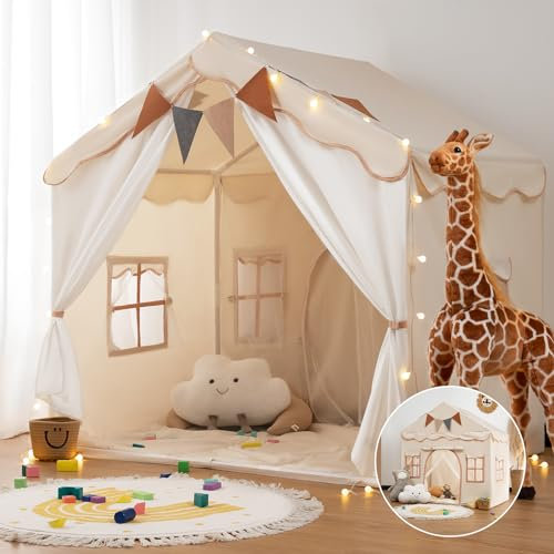 besrey 2-in-1 Kids Play House Tent for Girls & Boys – Indoor Toddler Tent with Lights & Pad, Children Tents for Kids & Toddlers, Large Bed Tents, Princess Playhouse with 2 Doors beige