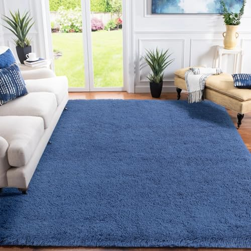 XSIVOD hochflor Wohnzimmer Teppich, Schlafzimmer Bettvorleger, Moderner zottelig flauschig weich Teppich für Kinderzimmer, Anti-Rutsch Unterseite, Waschbar, 80x160 cm, Kobaltblau