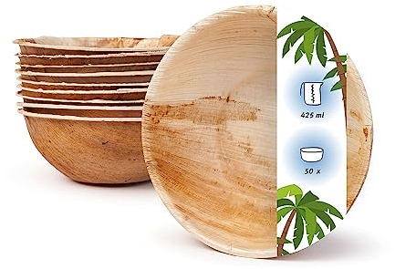 onlyleaf Palmware - umweltfreundliches Einweggeschirr aus Palmblättern I 50 Stück Palmblatt Schale rund 425ml Ø15cm I Salat-Schüssel Dipschalen Suppenschale Servierschale Snackschale
