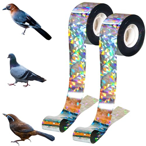 Ruban Répulsif Anti-Oiseaux, FainFun 2 Rouleaux de 2,4cm*80m Ruban Effaroucheur Oiseaux, Bande Repulsive Anti Pigeon, Bande Holographique Adhésive, pour Jardins, Vergers (1, Silbrig)