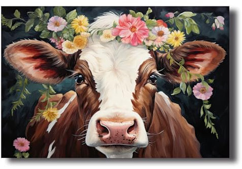 LZIMU Kuh Leinwand Bilder niedliche Kuh mit Blumen Poster Drucke lustige Tiere Bild rustikales Bauernhaus Kunstwerk Badezimmer Dekoration Gerahmt (Bild-5, (30.00 x 45.00 cms))