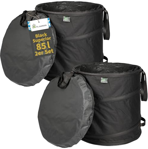 TTL Garden BLACK SUPERIOR 2x 85L Pop Up Gartensack - DOPPELTER BODEN 260gsm extra stabil 600D Oxford 2er Set 85 Liter Gartenabfallsack Laubsack faltbar Grünschnitt Garten Abfall selbstaufstellend