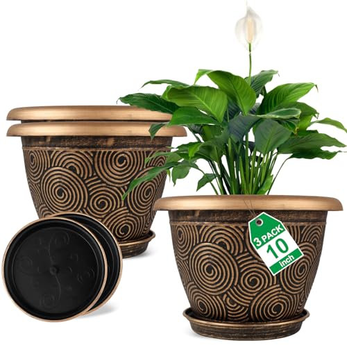 Macetas de 10 pulgadas para plantas de interior y exterior, paquete de 3 macetas grandes de plástico con agujero de drenaje y bandeja, maceta decorativa moderna con platillo, contenedor de plantas