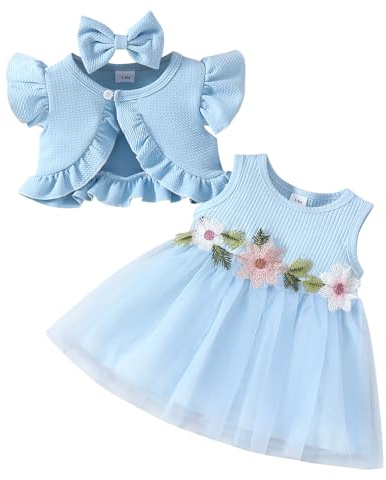 FYMNSI Baby M?dchen Prinzessin T?ll Kleid Mit Strickjacke 1. Geburtstag Outfit Kleinkinder Sommer Partykleid Fr?hling Festliches Festkleid Geburtstag Hochzeit Abendkleider Taufkleid Blau 6-9 Monate