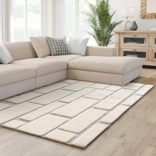 Interiyou Teppich Wohnzimmer Verona - 200x300 cm Creme/Grau - Für Schlafzimmer, Esszimmer, Kinderzimmer - Hochflor mit 3D-Effekt - geometrische Muster - Pflegeleicht