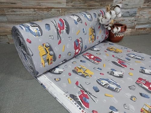 240cm Breit Meterware ab 50cm Popeline Baumwolle Stoff Baumwollstoff Kinderstoffe Stoffe Polizeiauto Hubschrauber Baby Babystoffe Stoffe Ranforce Bastelstoff Kinder ÖKO-TEX VP0K047 (Autos)