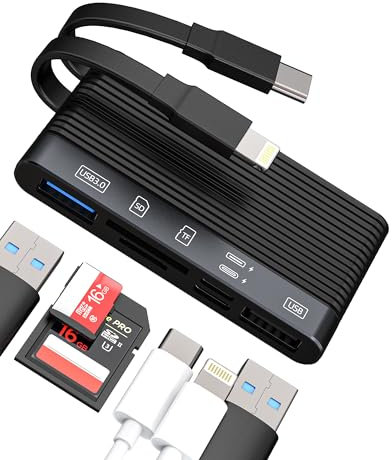 USB C Lightning Docking Station with Multiport Adapter Hub SD Card Reader USB Dongle for iPhone 15 Apple MFI Certified compatible for Samsung Charger Cable OTG Camera Memory Flash Drive Cord Converter
