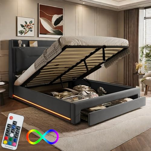 Bett 160x200 mit LED und Schubladen, Polsterbett 160x200 cm mit Stauraum und Kopfteil, Doppelbett mit Lattenrost, Stauraumbett Hydraulisches Jugendbett Modernes Bettgestell aus Samt -Dunkelgrau