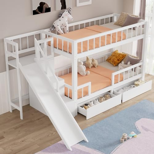 Kinderbett Etagenbett 90x200, Hochbett mit Treppe und Rutsche,Doppelbett mit Schubladen und Schließfach,Funktionsbett Spielbett Stockbett Jugendbett mit Rausfallschutz & Lattenrost,Ohne Matratze,Weiß