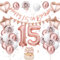 15. Geburtstag Deko Roségold - Luftballon Deko für Damen und Frauen - Weiße Luftballons mit Banner und Tortendeko für Geburtstagsdekoration
