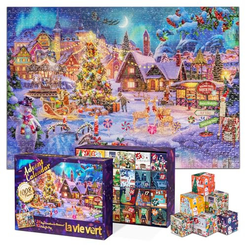Lavievert Jigsaw Advent Calendar 2024 Christmas Puzzles, Snowy Christmas Eve Holiday Puzzle, 24-Day 1008 Pieces Puzzle Countdown to Christmas, Christmas Home Decor Family Gifts for Adults & Kids