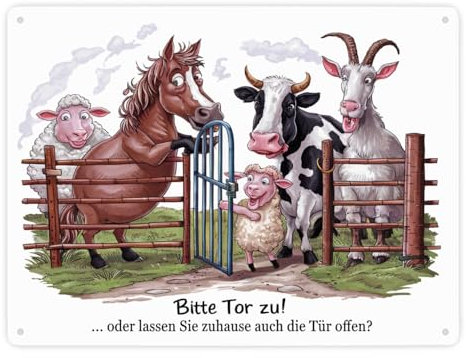Bitte Tor zu Bauernhofszene Metallschild XXL in 28x38 cm Perfekt für Tierliebhaber Schaf Pferd Kuh Ziege und Lamm am Holzzaun Gatter