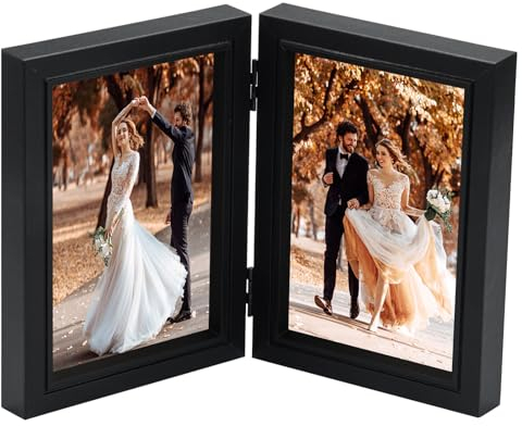 TESSTSY Doppelter Bilderrahmen Faltbar 2 Fotos, 10x15 cm Klappbarer Bilderrahmen Aus Holz, Klappbarer Fotorahmen mit Glasscheibe Bilderrahmen, für Hochzeit, Familie