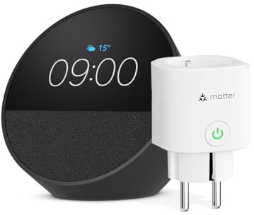 Echo Spot | Schwarz + Meross Matter Smart Steckdosen, Funktionert mit Alexa - Smart Home-Einsteigerpaket