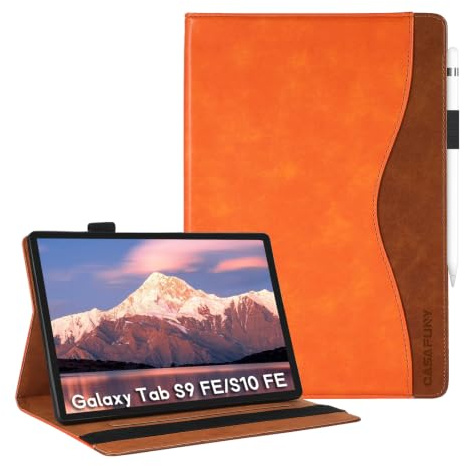 CASAFUNY Hülle für Samsung Galaxy Tab S10 Lite/S10 FE/S9 FE 10.9,Orange | Fronttasche,PU Leder,S Pen Halter,Dokumentschlitze, Schutzhülle für Samsung Galaxy Tab S10 FE