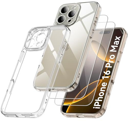 Qasyfanc Funda Compatible con iPhone 16 Pro MAX, Carcasa con Protección de La Cámara y 2 Protector Pantalla, TPU Protección Militar Anti-Choque Funda Silicona PC Anti-Arañazos Caso, Transparent