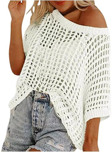 Womens Y2K Crochet Fishnet Long Sleeve Top Off The Shoulder Jumper Going Out Oversized Knitted Cover Up Sweater Lightweight Baggy Hollow Out Pullover Tops Knitwear Summer White XL