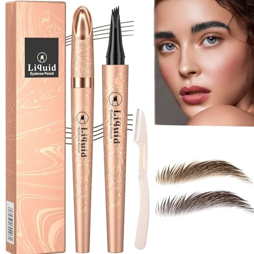 Magic Eyebrow Pencil - 3D Waterproof Microblading Brow Pen with 4 Micro-Fork Tips - 4-Tip Eyebrow Pencil Contouring Pen for Eyeliner Makeup (01 Light Brown + 02 Dark Brown)