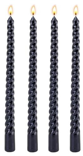 Black Candles, 10'' Black Taper Candles, Set of 4 Spiral Twisted Dinner Candles, Non-Drip 7 Hour Burn Time Unscented Decorative Candle Sticks for Halloween Christmas Birthday Party Home Decor