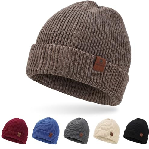 BARFULKER Mütze Herren Damen Winter Beanie Mütze Warme Wintermütze Thermo Dehnbare Strickmützen Bequem Wollmütze Winddichte Laufmützen Cuffed Hats für Frauen Männer Unisex,Khaki