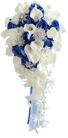 Bouquets de mariée en cascade, tenant une fleur artificielle, 9,8 pouces, gouttes d'eau de lys calla blanc et bleu, bouquet de mariage artificiel, cascade rustique, bouquets de mariée en cascade(Blue)