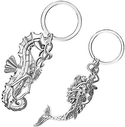 WOFASHPURET 2 Pièces porte-clés hippocampe porte-clés sirène porte-clés poisson porte-clés rétro porte-clés dauphin voitire portefeuilles porte-clés créatif porte-clés ornements Silver