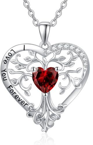 Birthstone Tree of Life Necklace for Women Sterling Silver January Birthstone Garnet Necklace Tree of Life Heart Pendant Jewellery Anniversary Birthday Gifts for Wife Mom Daughter