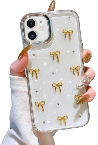 EYZUTAK Case for iPhone 12/12 Pro, Bling Glitter 3D Bowknot Case, Gold Bow | Sparkly Crystal Clear Phone Cover, Bow Aesthetic Design, Slim Soft Durable TPU Transparent Protective Cover, for Women Girls