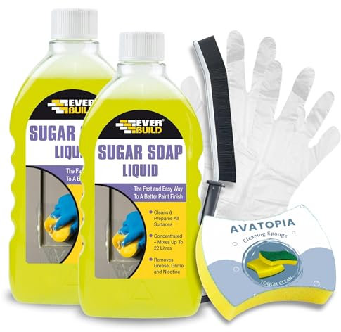 Ever Build Sugar Soap Liquid 2x(500ml), Sponge, Crevice Brush & Plastic Gloves | Wall Cleaner for Painted Walls, Sugar Soap for Cleaning, Bathroom Cleaner, Removes Grease, Grime & Nicotine Stains