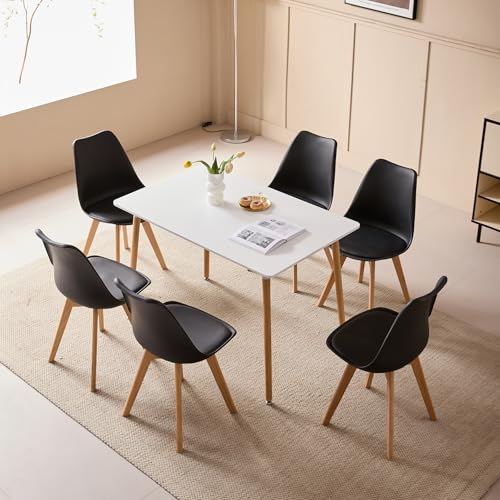 JZGORC Esszimmer-Set, Esstisch mit 6 Stühlen, 110 x 70 x 75 cm, Rechteckiger Esstisch aus Holz, 4 Skandinavische Esszimmerstühle, Metallbeine, Schwarz